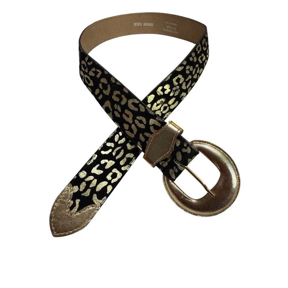 Accessories by Pearl Vintage Suede Leopard Belt Gold Buckle Made USA 26-29.5